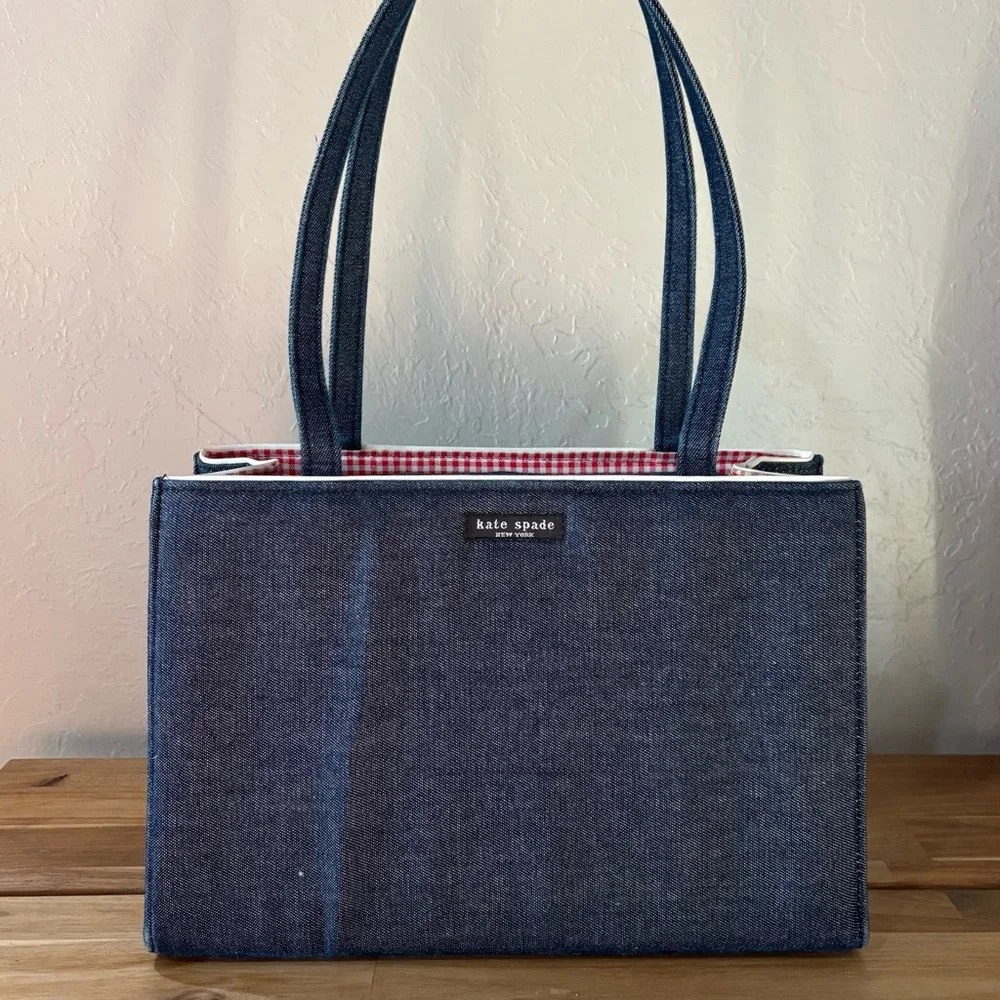 Vintage Kate Spade New York Denim Shoulder Bag – Made in USA – Gingham Lining - Picture 9 of 16